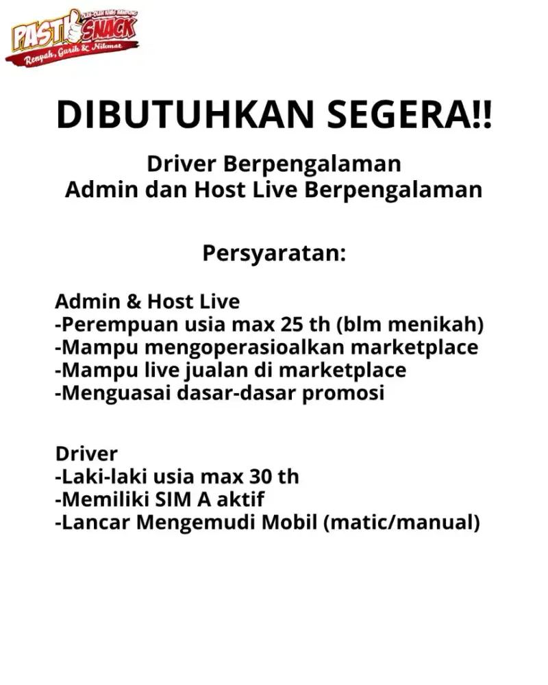 URGENT!! Dibutuhkan segera Driver dan Admin online shop