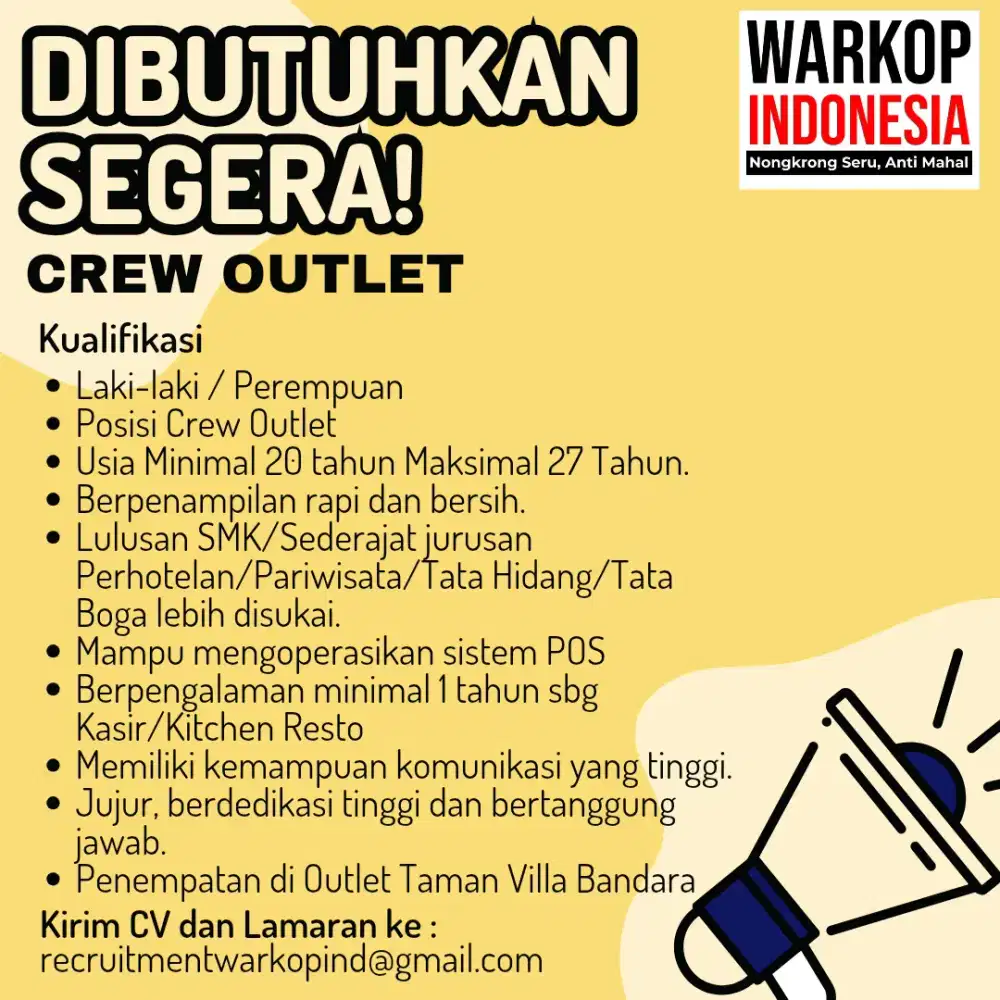 Dibutuhkan segera Crew Outlet