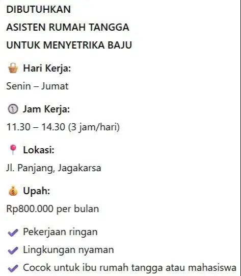 Lowongan Asisten Harian – Menyetrika Baju (Senin–Jumat, 11.30–14.30)