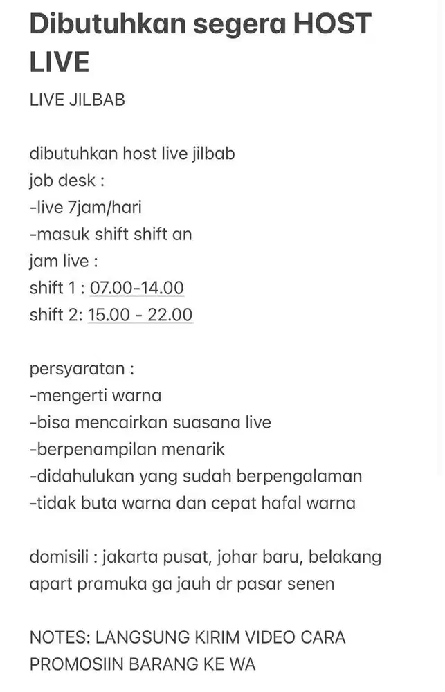 LOWONGAN KERJA HOST LIVE JILBAB JAKARTA PUSAT
