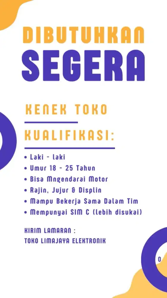 dibutuhkan cepat kenek toko/driver motor