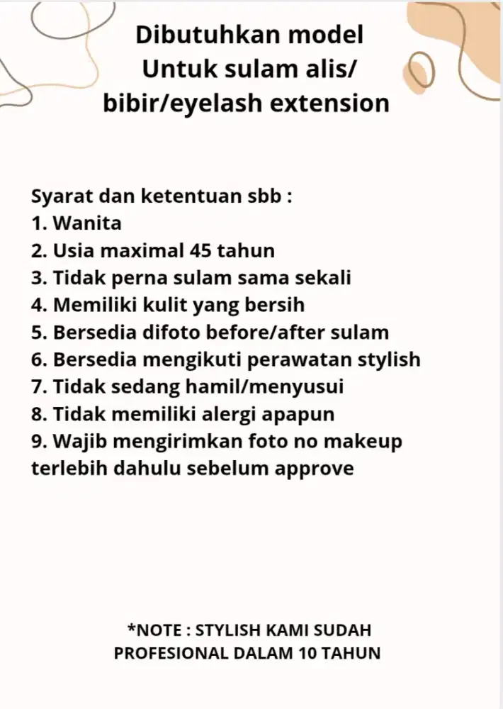 Dibutuhkan model gratis untuk sulam alis, bibir, eyelash extension