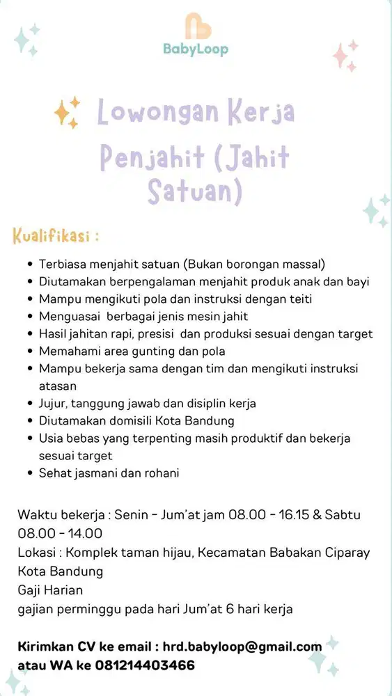 LOWONGAN PENJAHIT SATUAN (BISA OVERDECK)