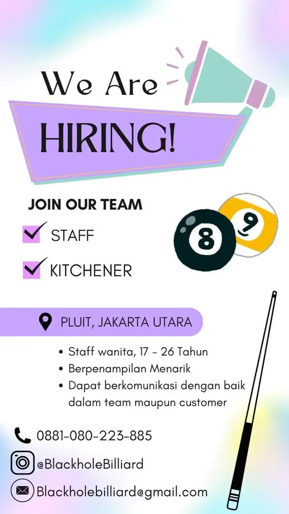Dibutuhkan Staff Billiard