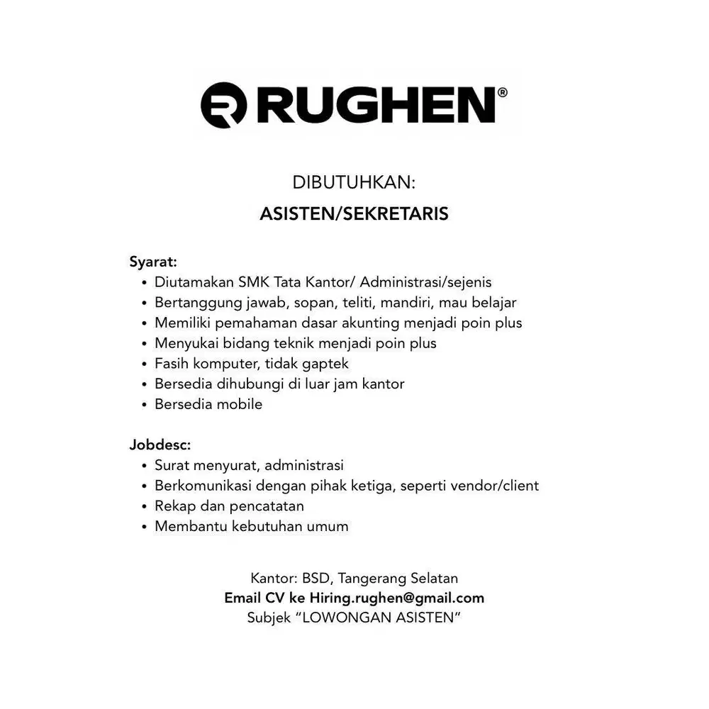 Lowongan kerja ASISTEN/SEKRETARIS