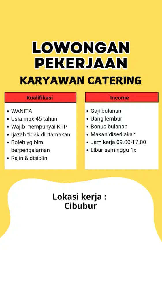 Lowongan Kerja Wanita Pegawai Catering Cibubur