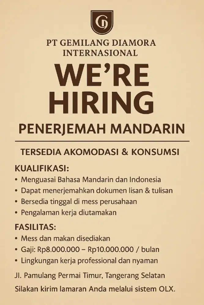 Dicari Penerjemah Bahasa Mandarin – Tersedia Akomodasi & Konsumsi