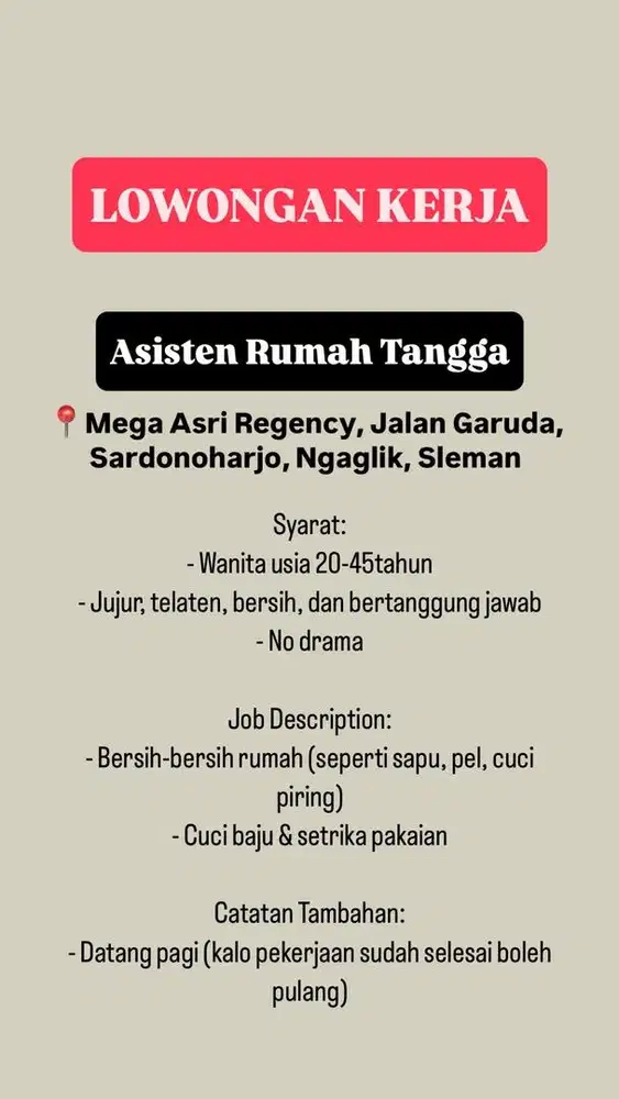 Lowongan Kerja Asisten Rumah Tangga