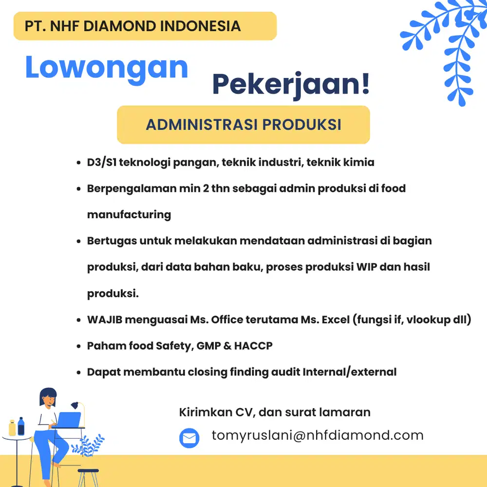 Staff Admin Produksi, Staff QC, Spv Purchasing FOOD Manufacture