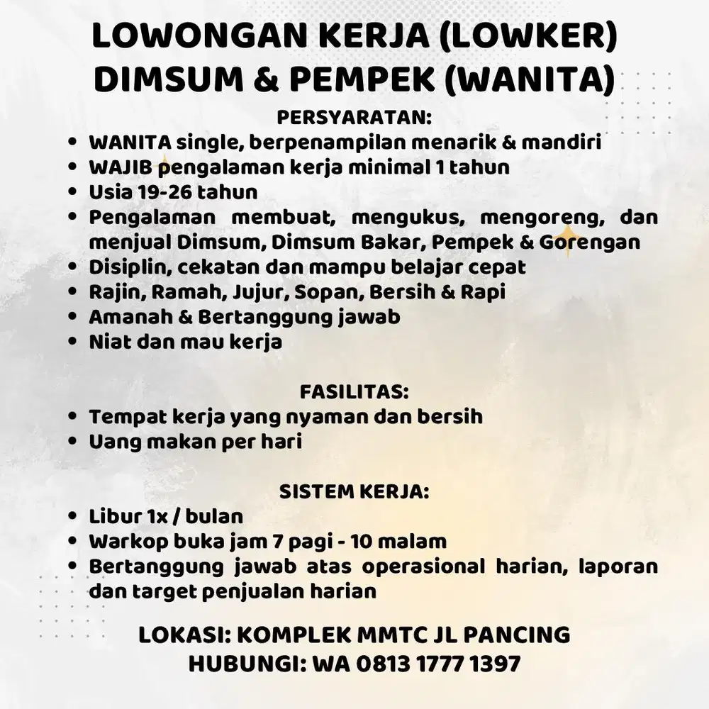 Lowongan Kerja (Lowker) DIMSUM & PEMPEK (WANITA)