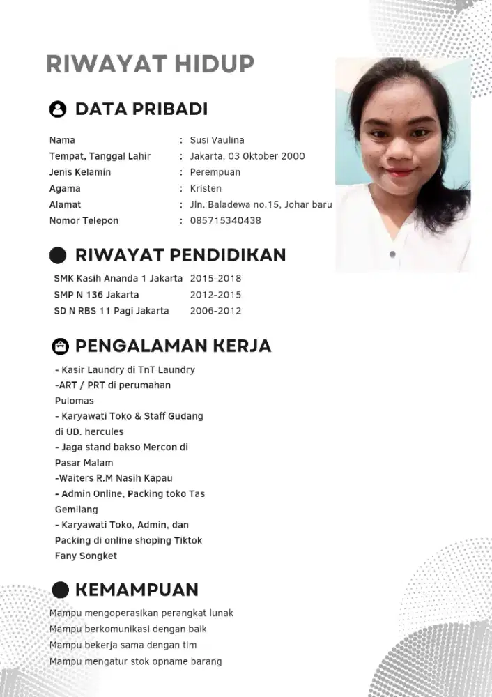 Bersih bersih, art pulang pergi, dan SPG Toko Pakaian &stand makanan,