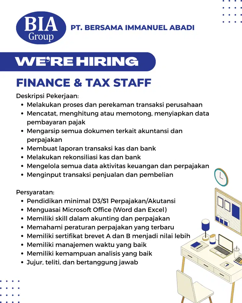 LOKER FINANCE & TAX STAFF PT. BERSAMA IMMANUEL ABADI