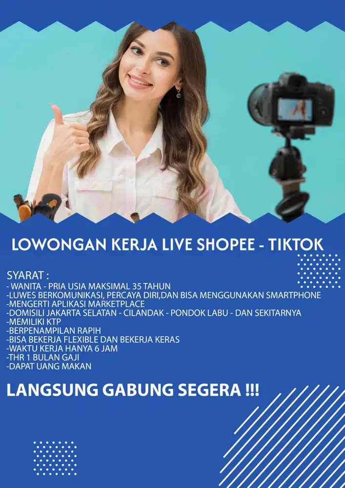 DIBUTUHKAN HOST LIVE MARKETPLACE - KERJA CUMA 6 JAM AJA