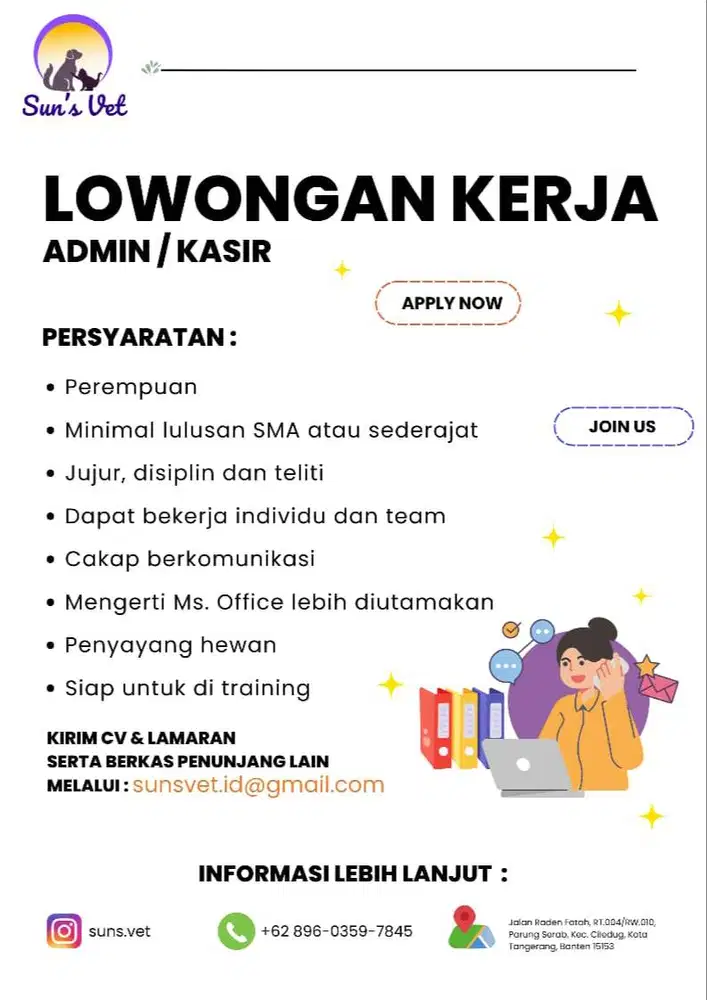 Loker admin/Kasir di klinik hewan Sun's vet