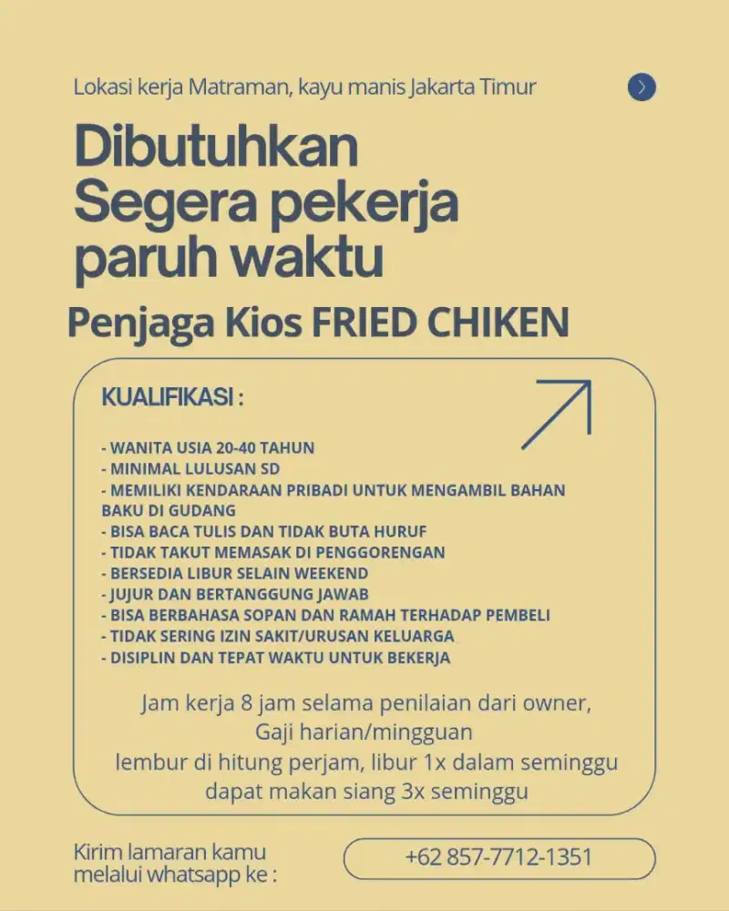 Lowongan Kerja Penjaga kios Fried Chicken