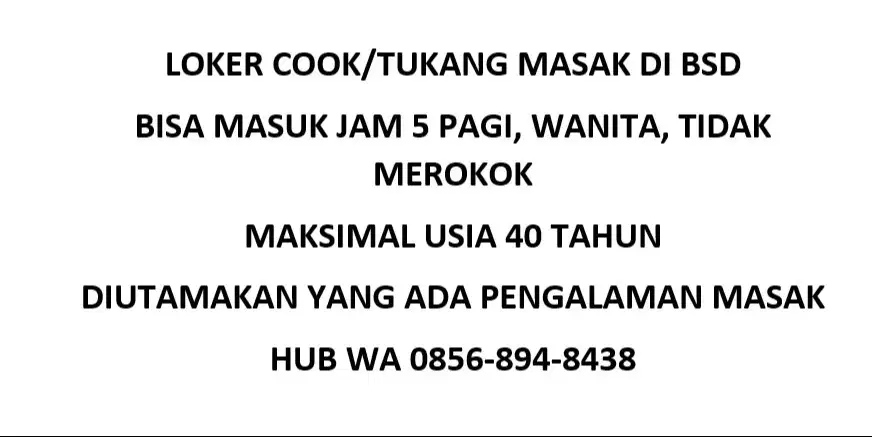 LOKER COOK/TUKANG MASAK BSD