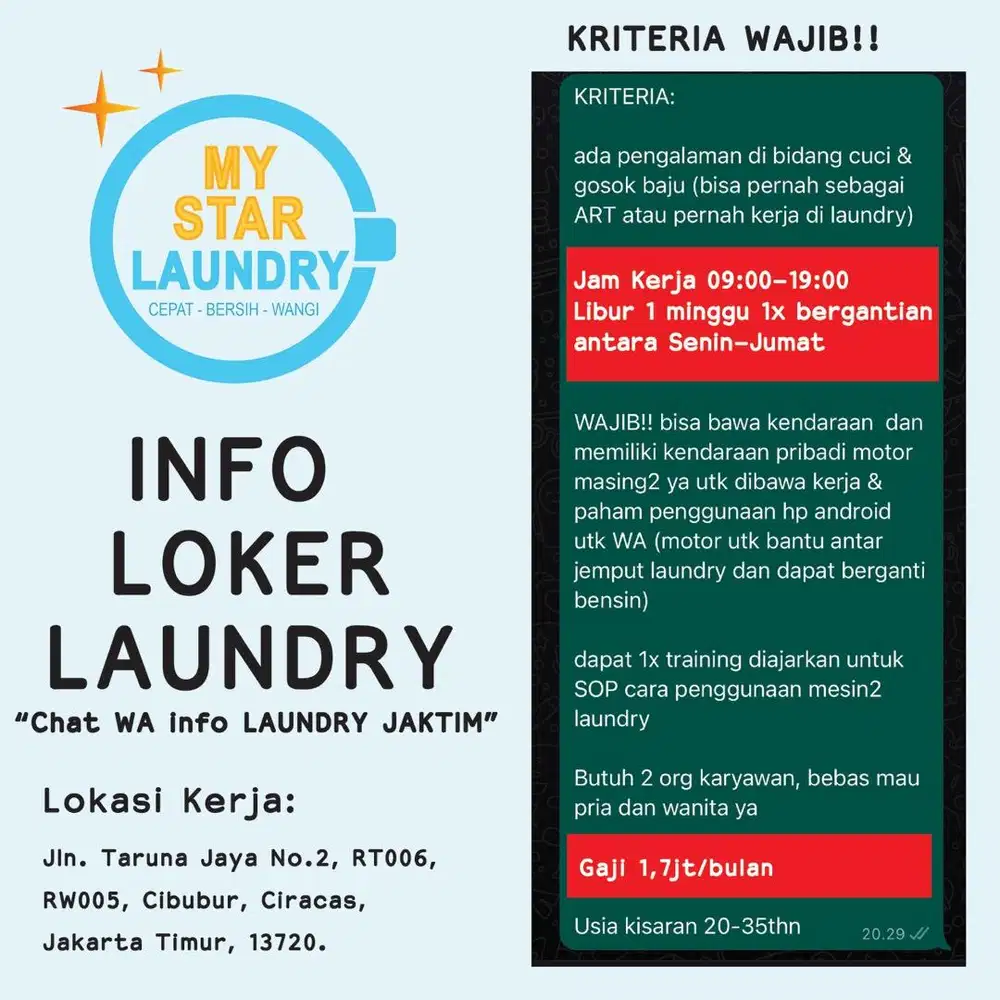 Lowongan kerja Laundry Kiloan Cibubur Jakarta Timur
