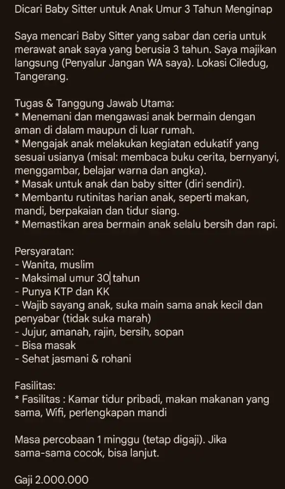 Dicari Baby Sister / baby sitter / babysitter Menginap daerah Ciledug