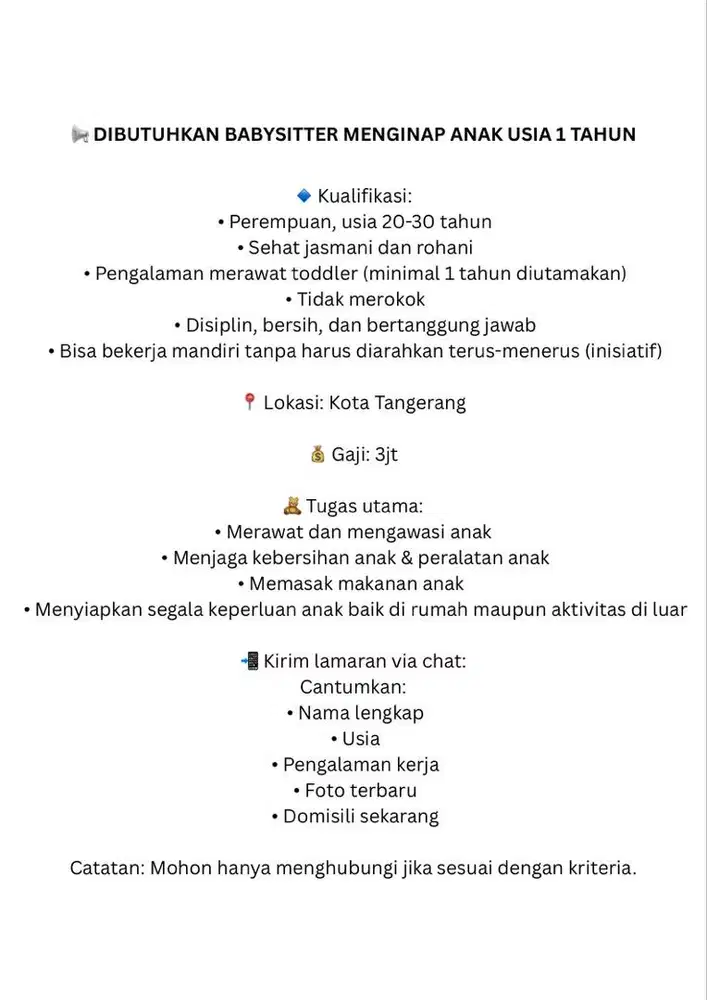 DIBUTUHKAN BABYSITTER MENGINAP