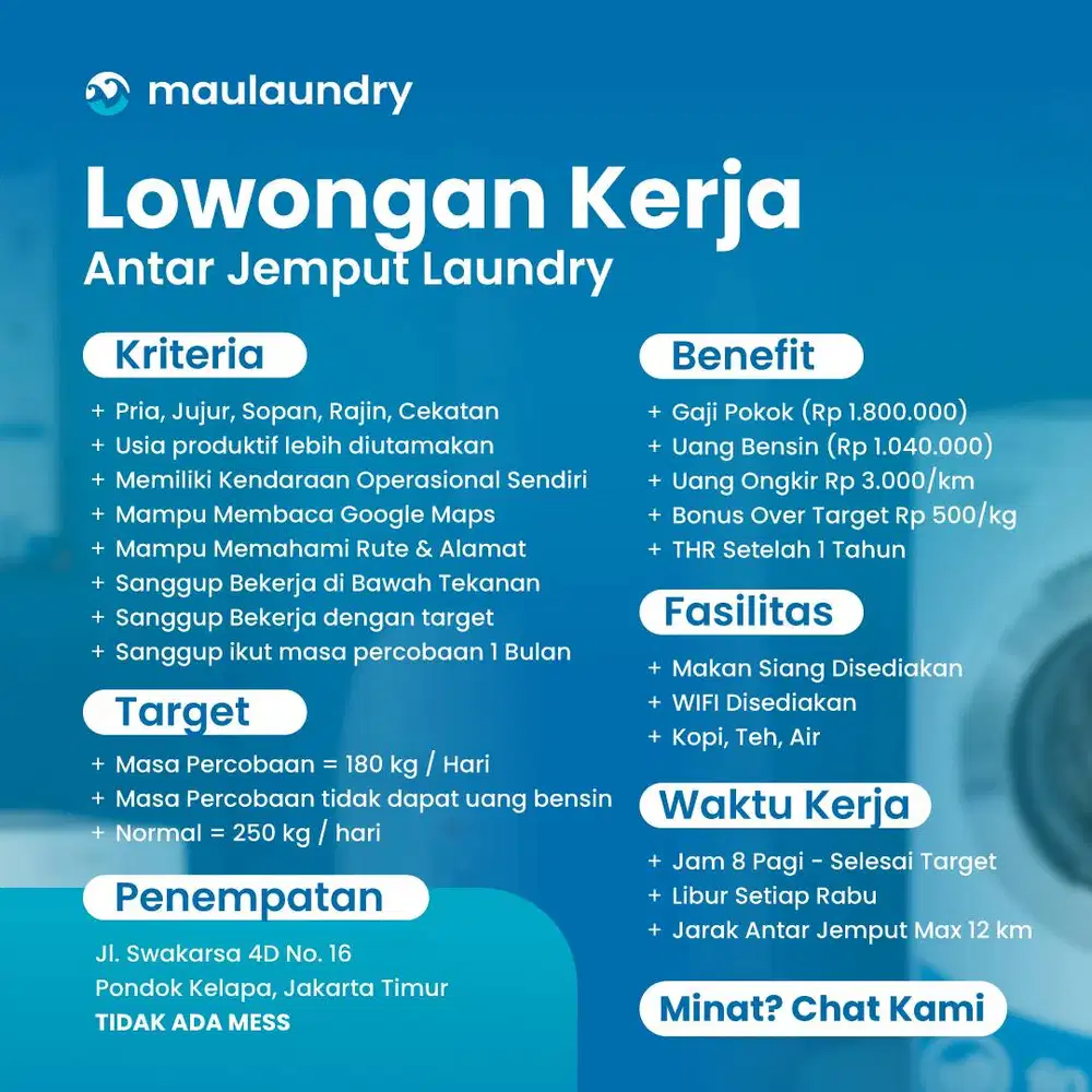 Lowongan Kerja (Loker) Laundry - Kurir & Cuci - Pondok Kelapa