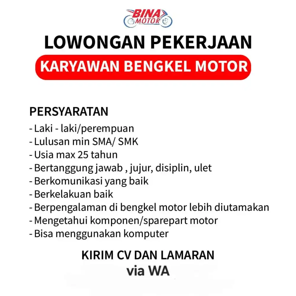 Lowongan Kerja Pelayan Toko Bengkel