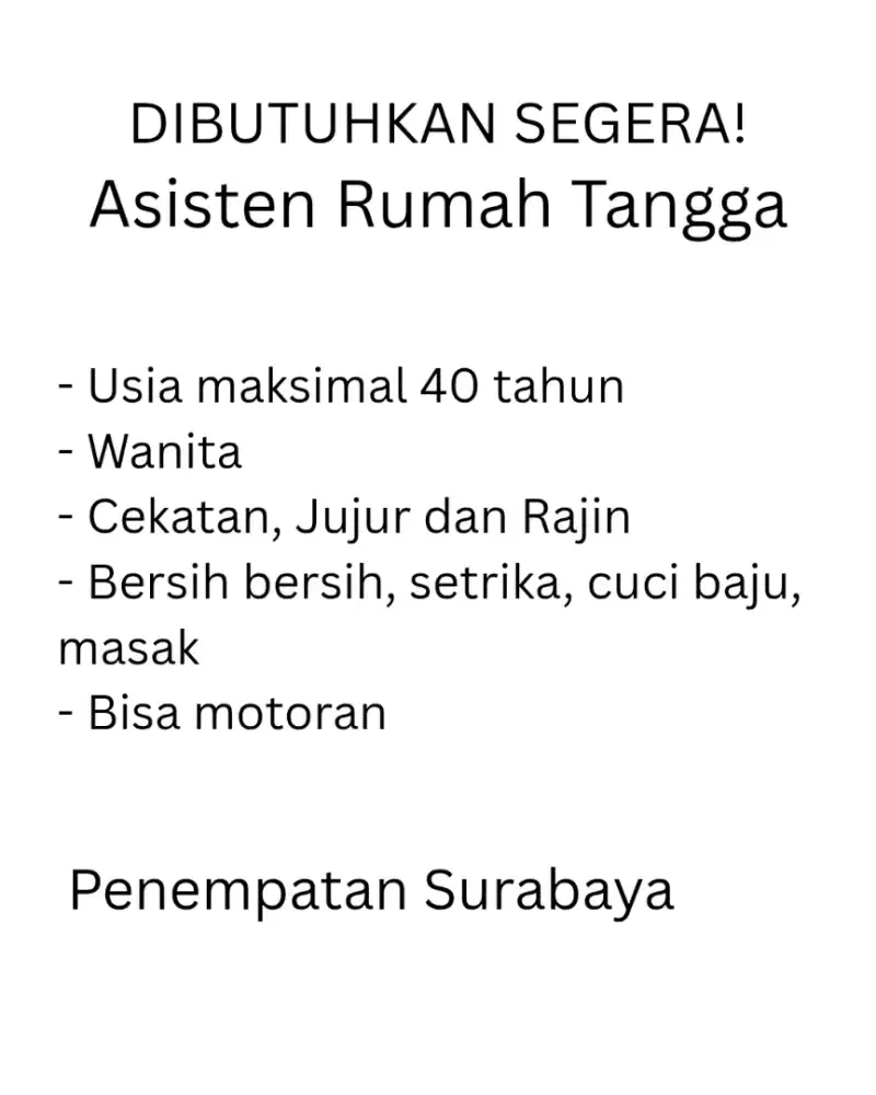 Dicari PRT/Pembantu Rumah Tangga/Asisten Rumah Tangga