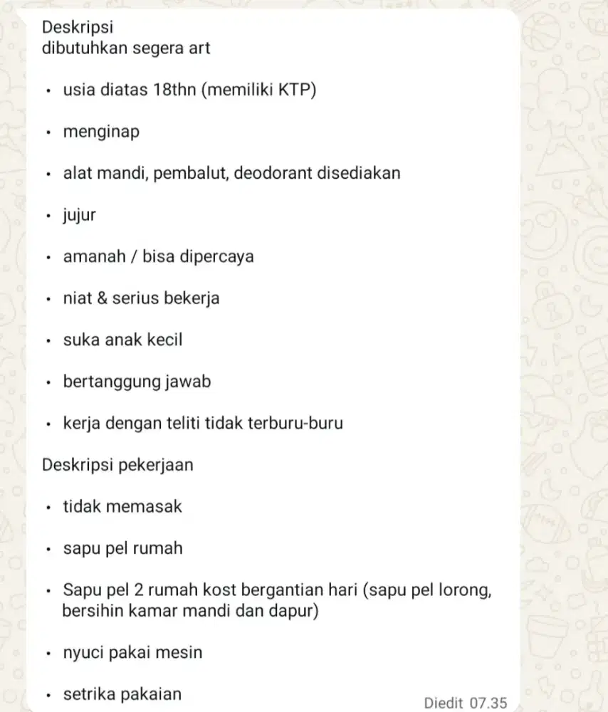 DICARI ASISTEN RUMAH TANGGA (ART)
