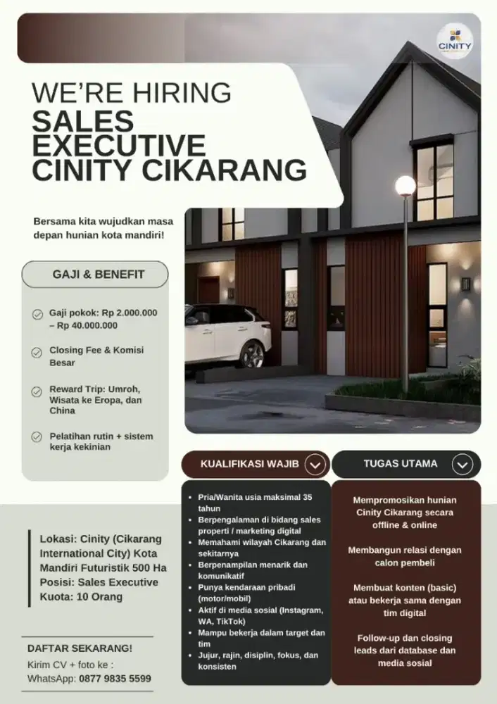 Lowongan Sales exc Cinity Cikarang, Gaji s/d 40Jt+Trip Eropa & Umroh