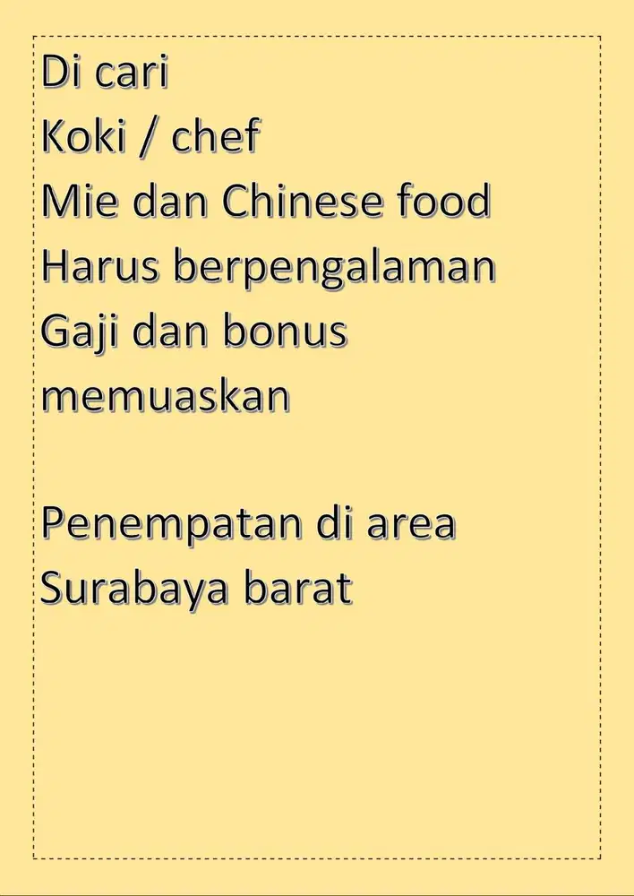Lowongan Koki Chinese Food dan mie area surabaya barat
