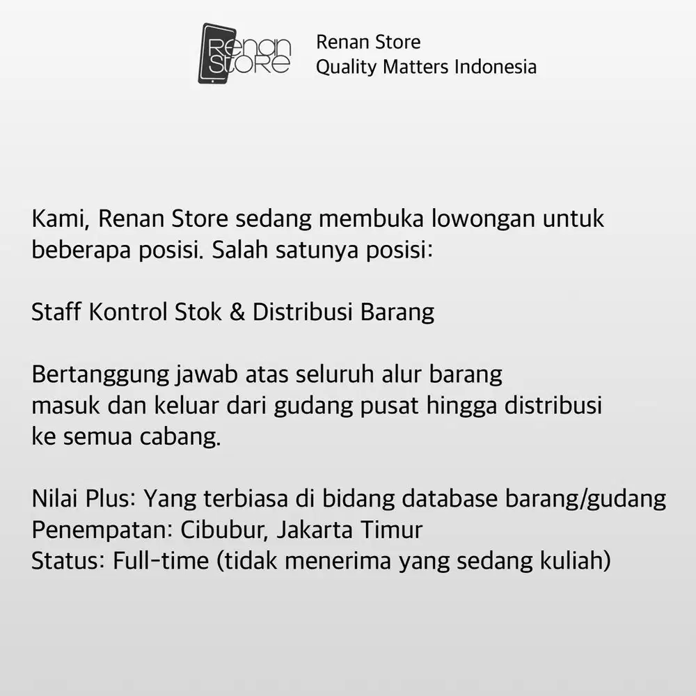Staff Stock Gudang & Distribusi Barang - Cibubur
