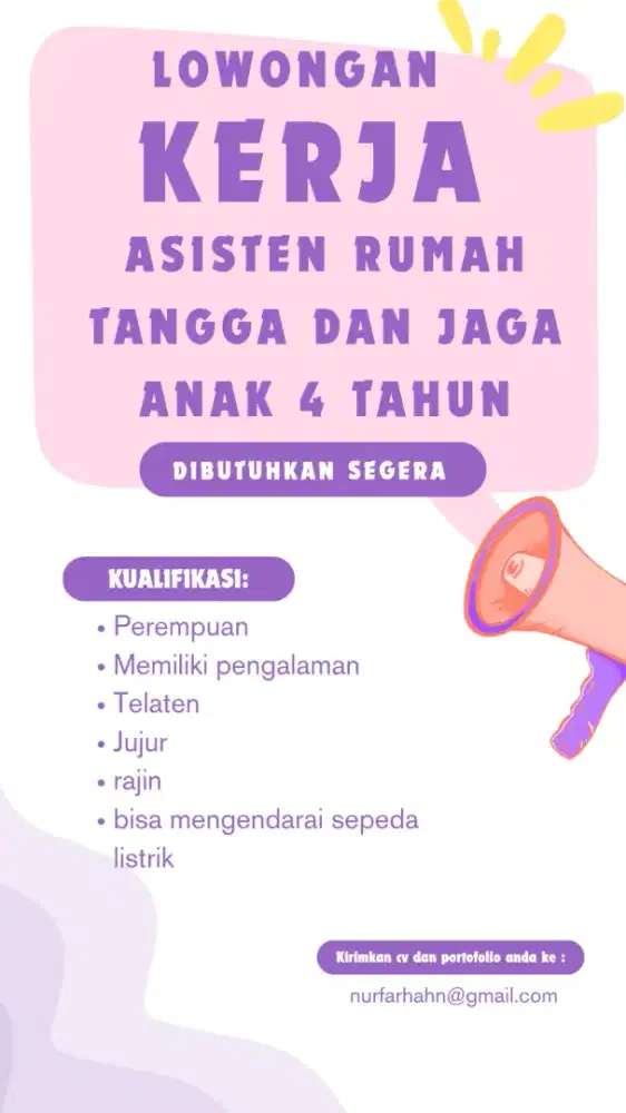 Asisten rumah tangga dan jaga anak 4 tahun