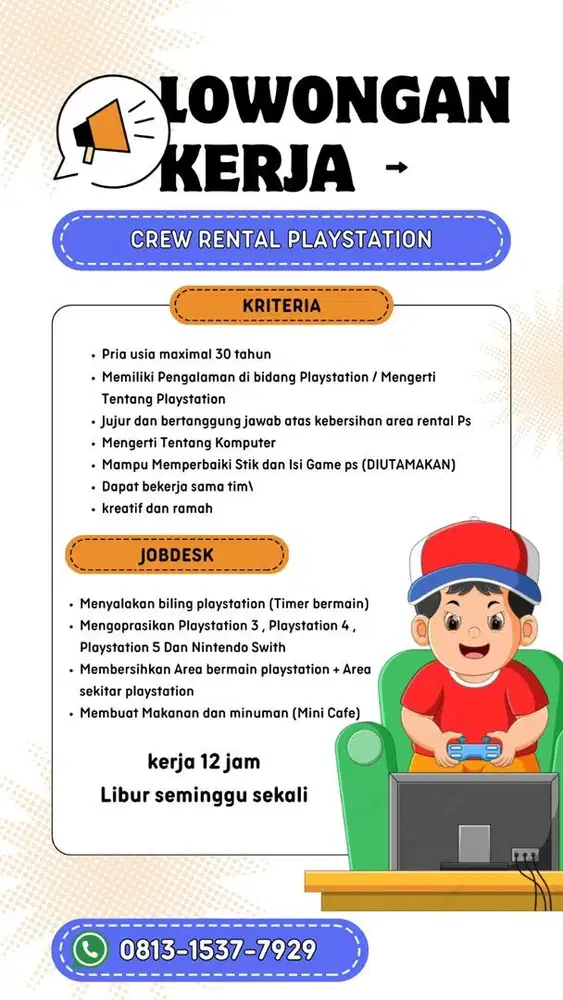 Dibutuhkan operator rental playstation