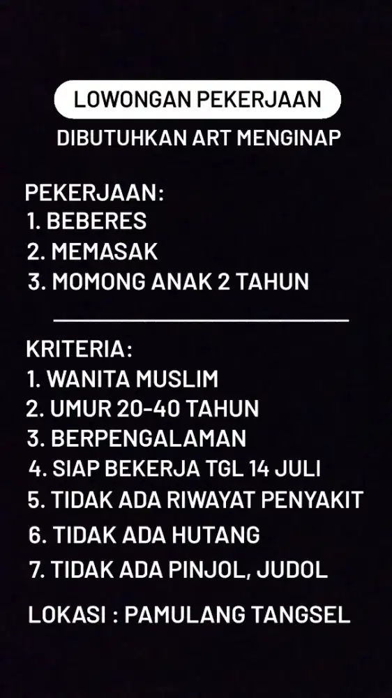 Loker ART Menginap