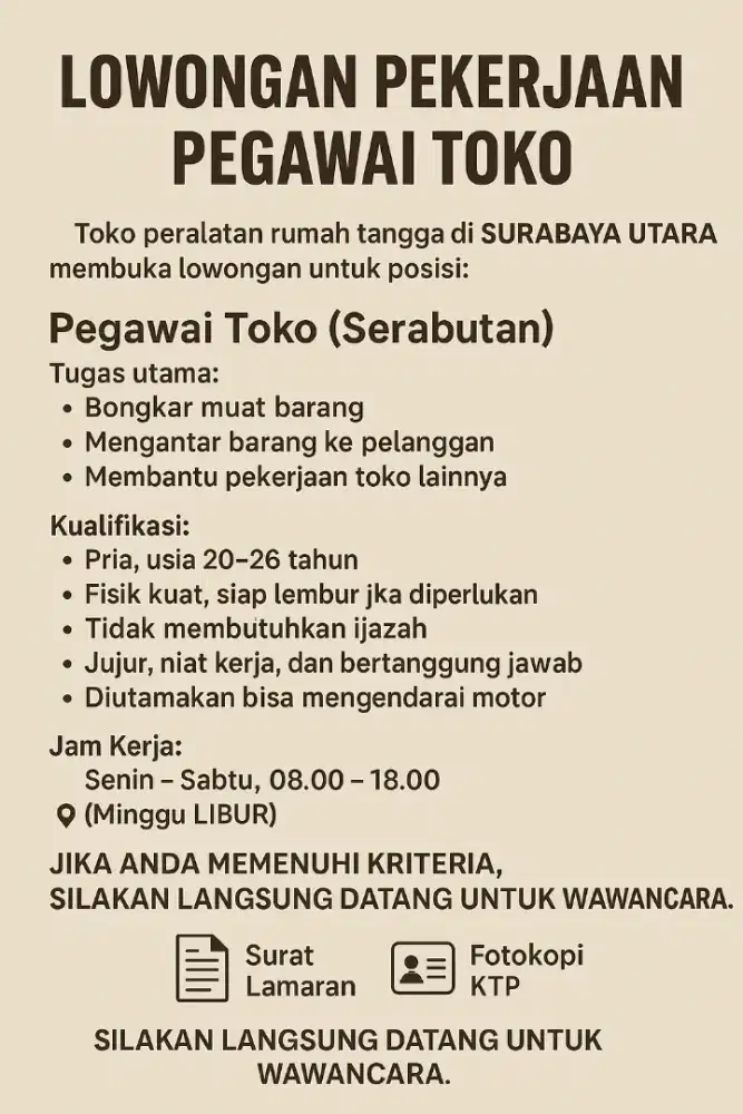 LOKER PEGAWAI TOKO (PRIA)