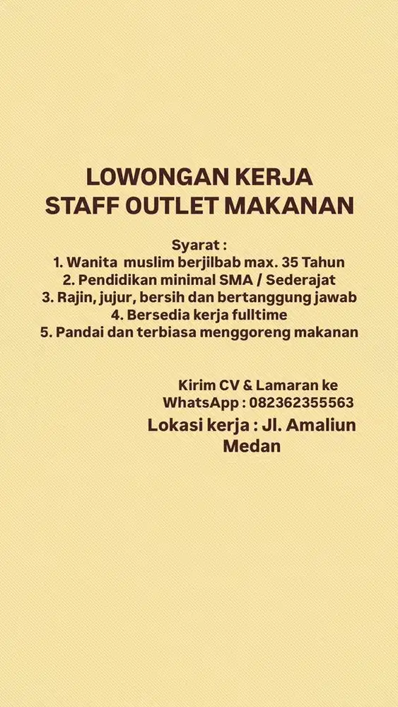 Lowongan kerja Staff outlet makanan