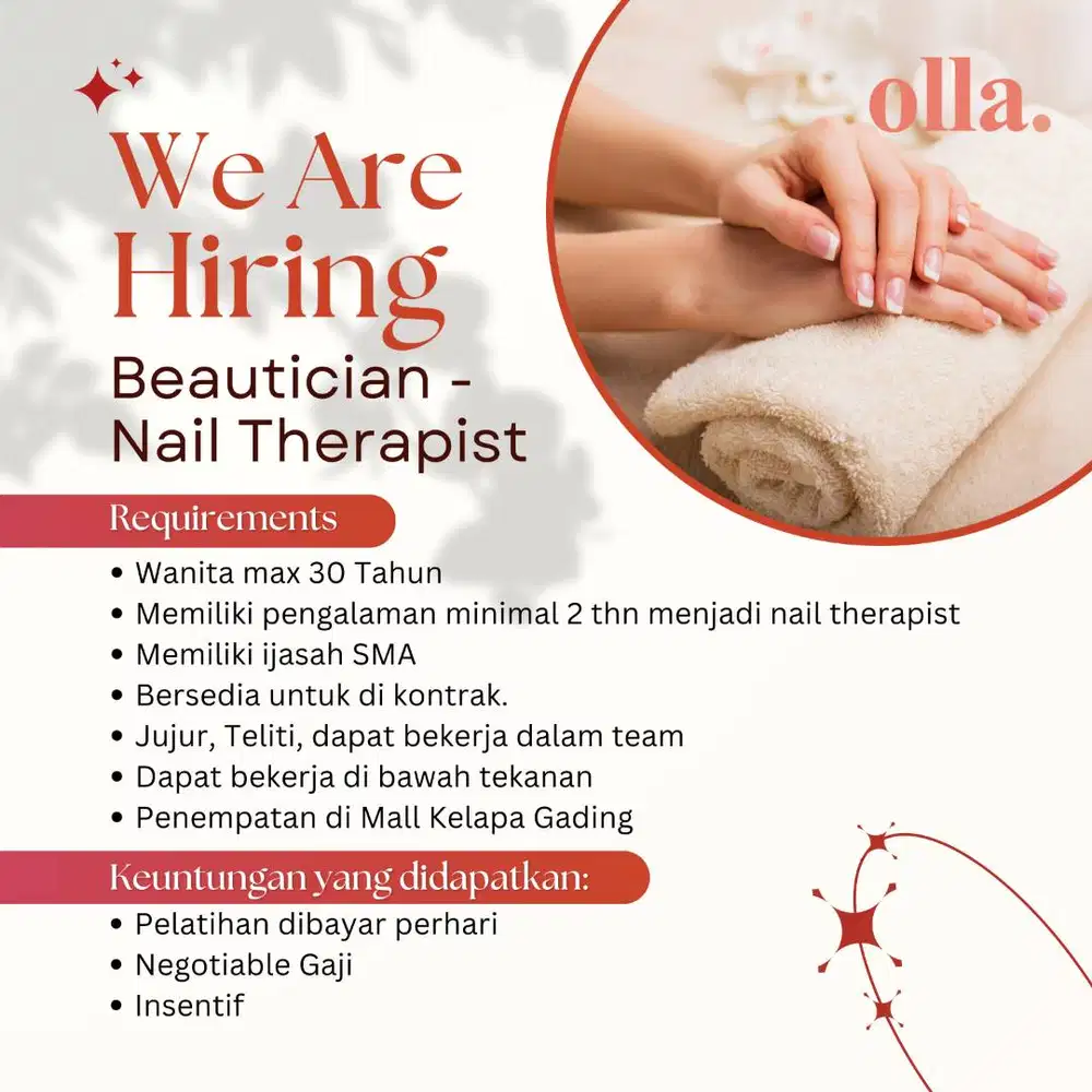Dicari Nail & Eyelashes Therapist