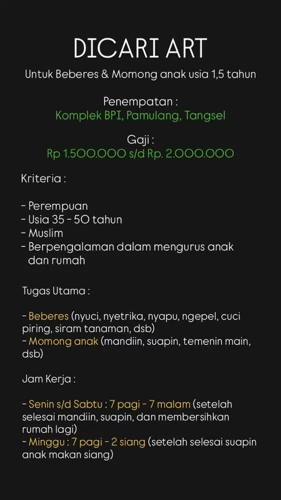 Dicari ART untuk Beberes dan Momong