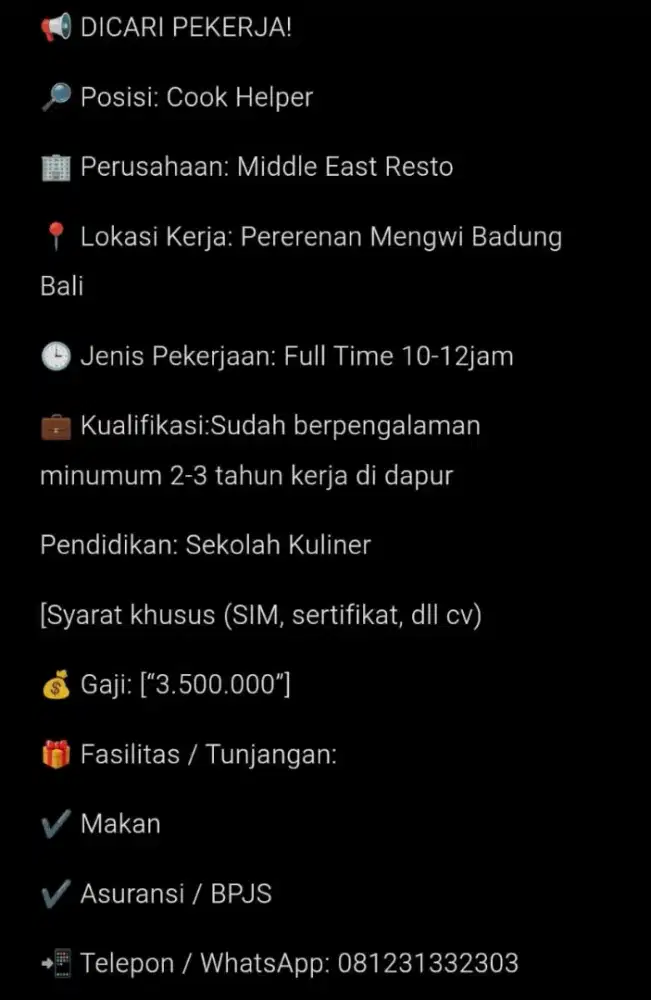 Dicari Cook Chef Makanan Middle East