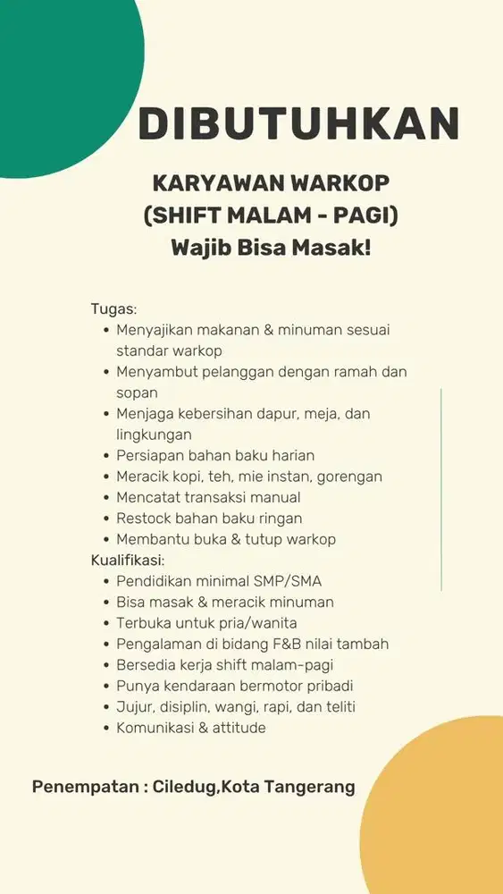 Dibutuhkan Partime Khusus Shift Malam-Pagi