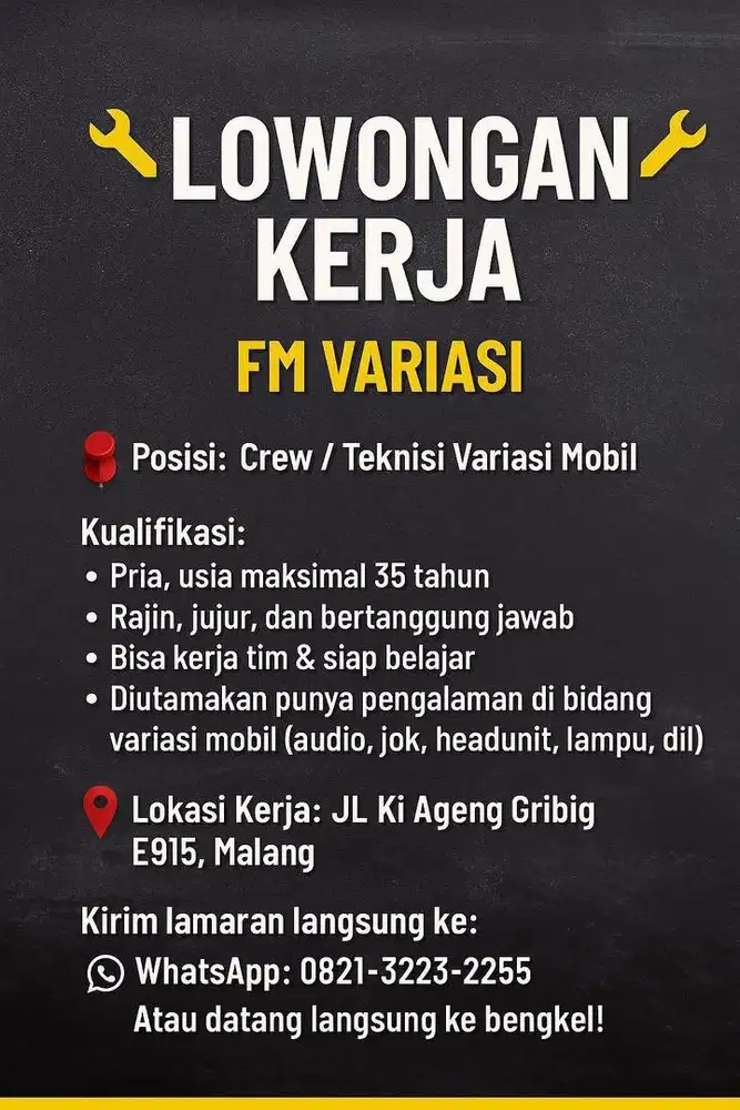 Lowongan Teknisi Variasi Mobil