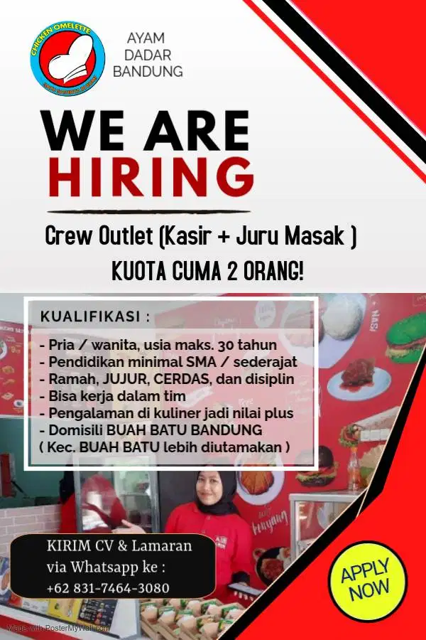 Outlet ADB Buka Lowongan Cook & Kasir! Daftar Sebelum 12 Juli!