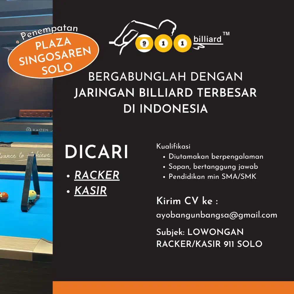 URGENT! Lowongan kerja KASIR&RACKER Billiard cabang Solo Jawa Tengah