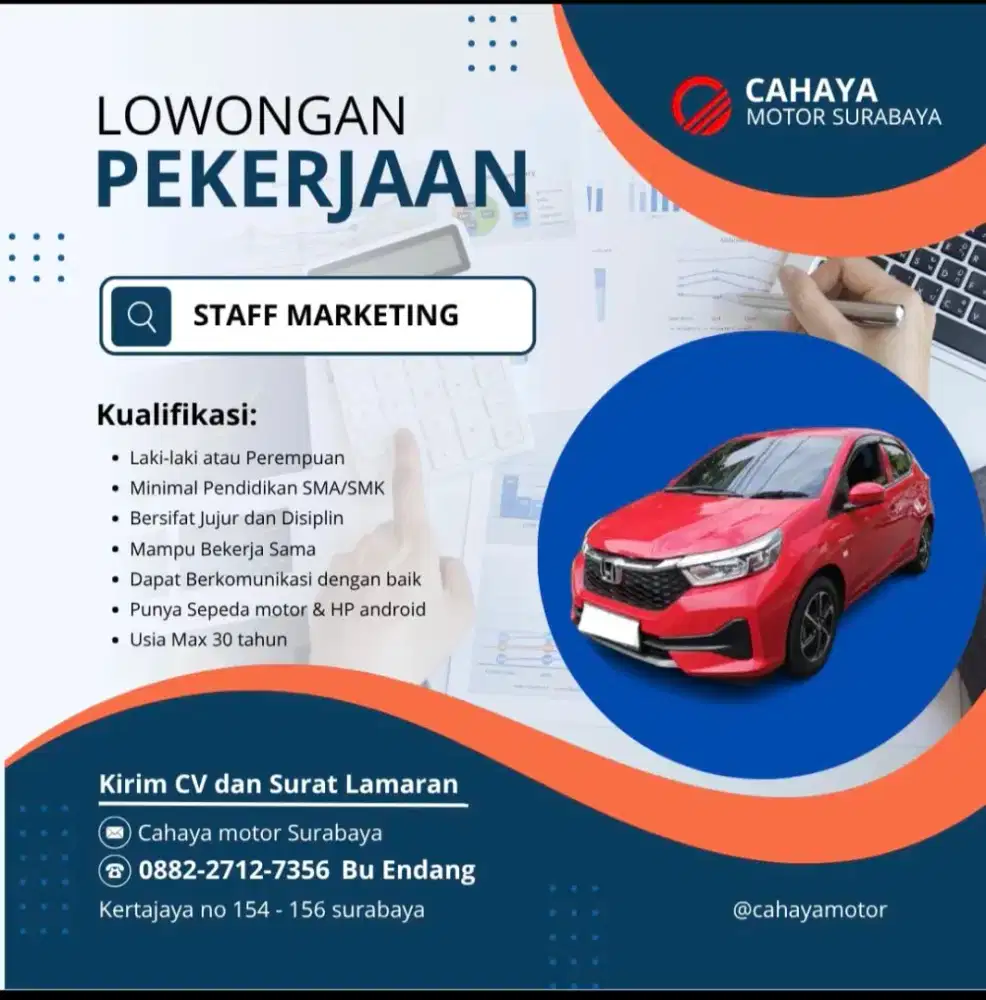 Di Butuhkan segera 2 (dua) orang marketing showroom mobil Surabaya.