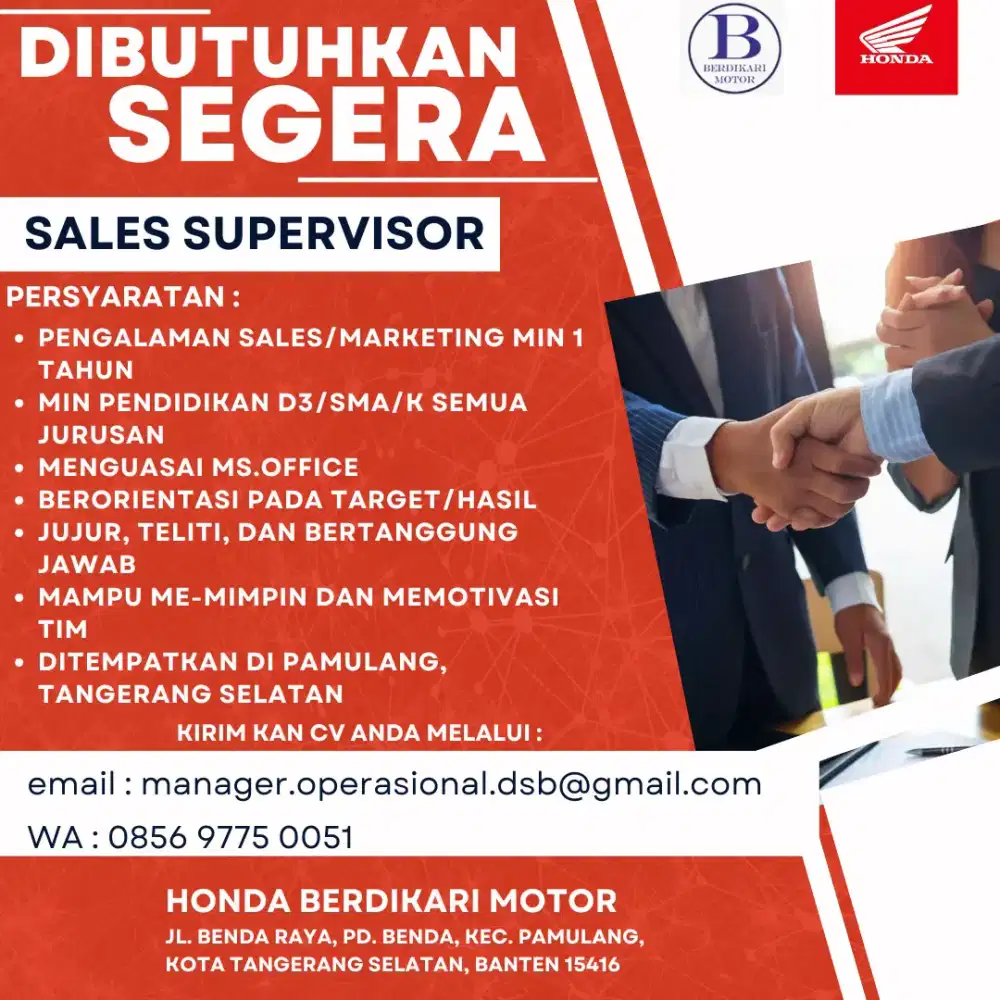 LOWONGAN KERJA SUPERVISOR SALES HONDA MOTOR