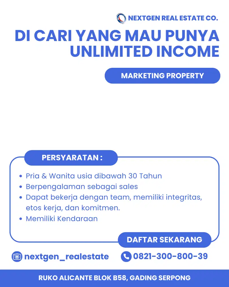 Loker Agent/Marketing Properti Gading Serpong Berpengalaman