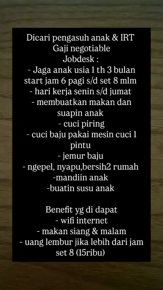 Dicari pengasuh anak & IRT