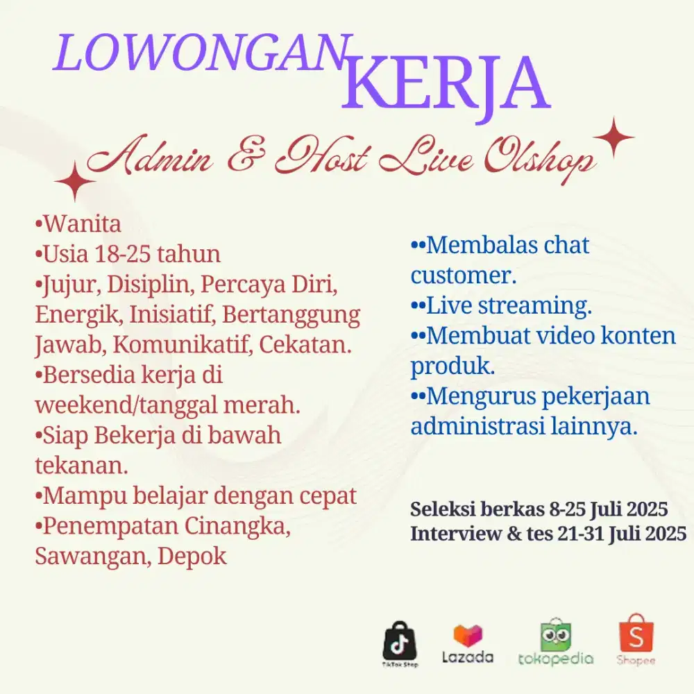 Lowongan kerja admin dan host Live streaming