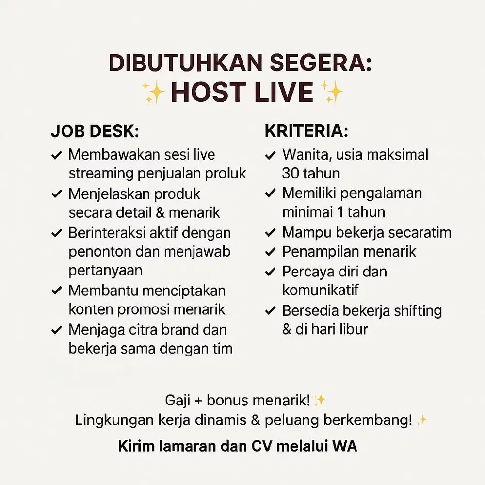 ✨ Dibutuhkan Segera: HOST LIVE STREAMING FASHION WANITA✨