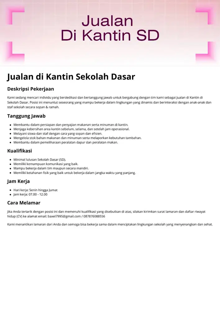 Lowongan jualan di kantin SD