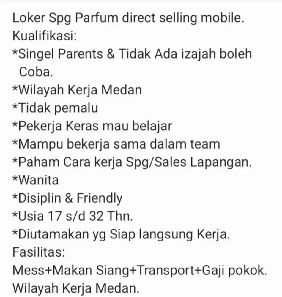 Lowongan kerja Spg/Sales parfume.